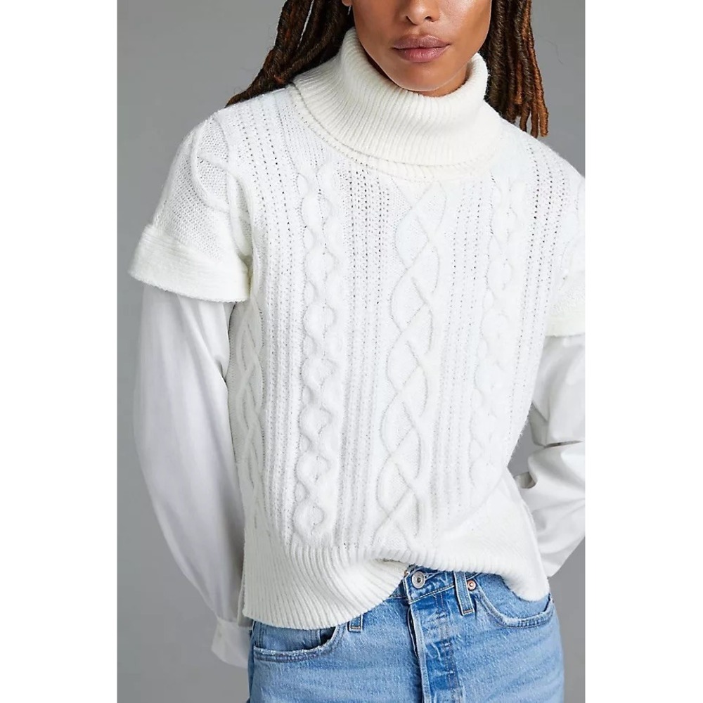 Anthropologie Design History Layered Cable Knit Turtleneck Sweater Tee White M